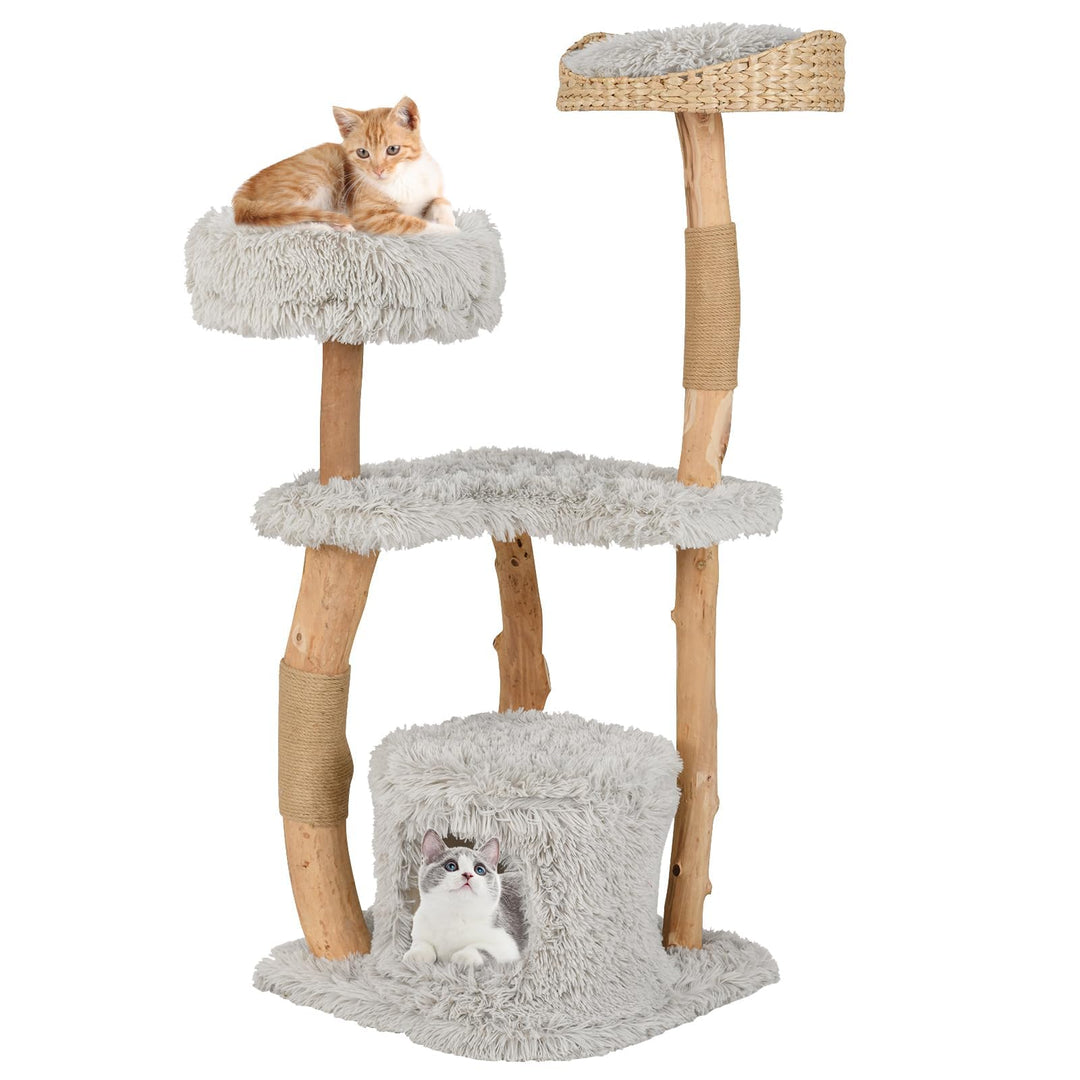 FANTASK Katzenmöbel Massivholz mit Katzenhöhle & Plüschsitzfläche & Sitzplattform, 124cm Kletterbaum