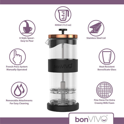 bonVIVO FOMO, Milchaufschäumer Manuell Betrieben, Milchaufschäumer Glas Und Edelstahl, Hand Milchsch