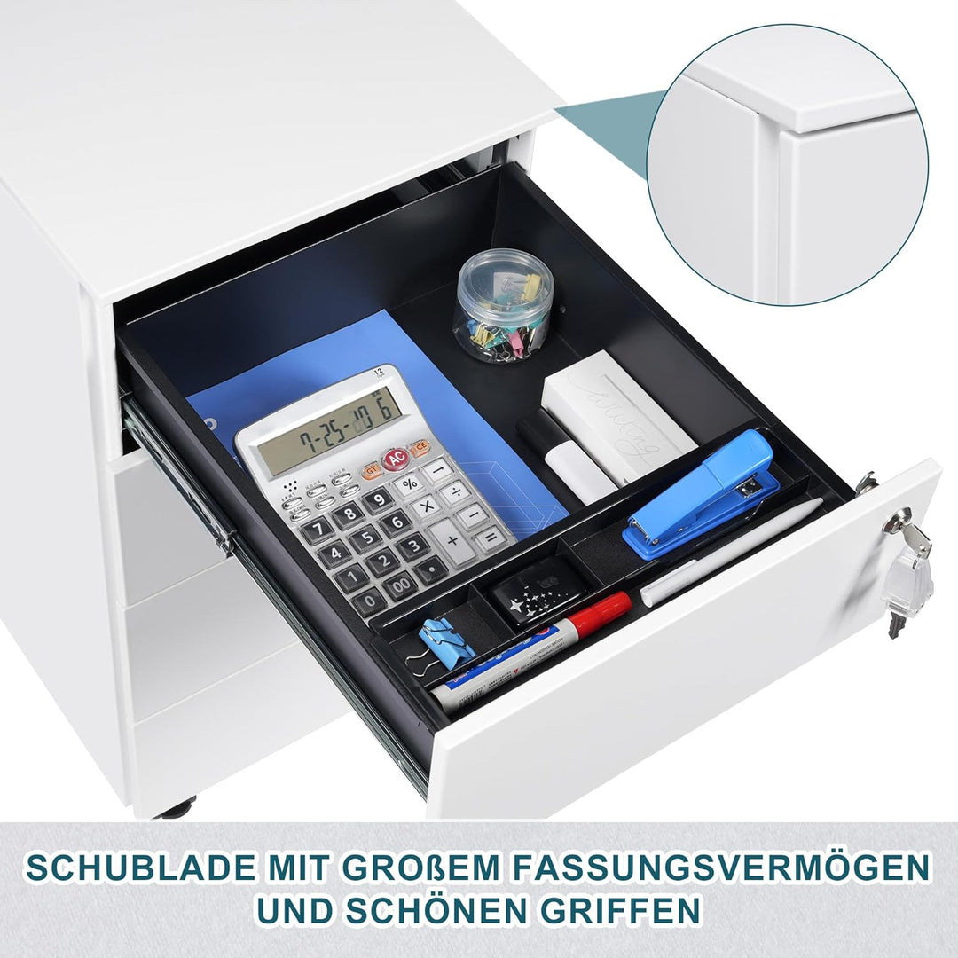 LVSTEEL Rollcontainer mit Schubladen, Mobiler Aktenschrank unter Schreibtisch, Abschliessbarer Büros