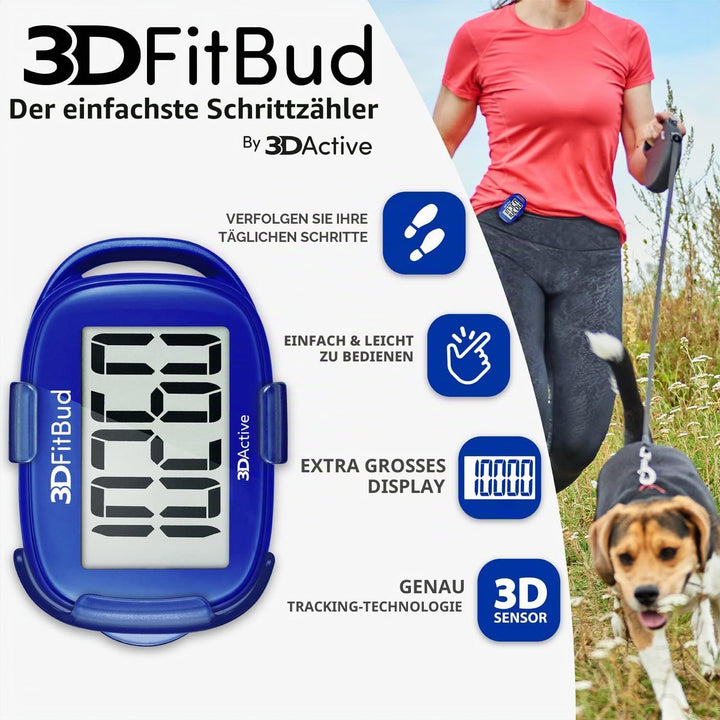3DFitBud Einfacher Schrittzähler 3D von 3DActive mit Clip Lanyard Präziser Schrittzähler Grosses Dis