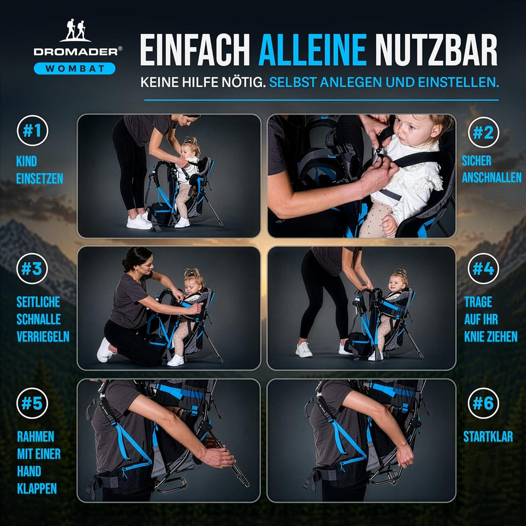 DROMADER Babytrage | Schwarz und Blau | Kinder bis 22kg | Bequem für Eltern | | mit Seitenspiegel |