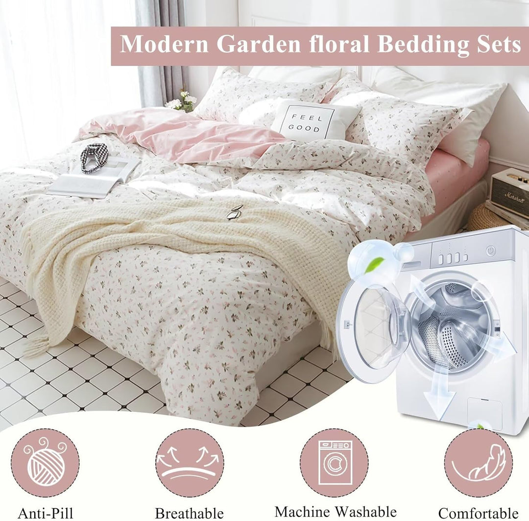 VCLIFE Queen-Bettwäsche-Set aus Baumwolle, Rosa/Weiss, Blumenmuster, Bettbezüge mit Reissverschluss,