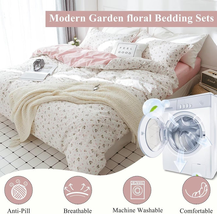 VCLIFE Queen-Bettwäsche-Set aus Baumwolle, Rosa/Weiss, Blumenmuster, Bettbezüge mit Reissverschluss,