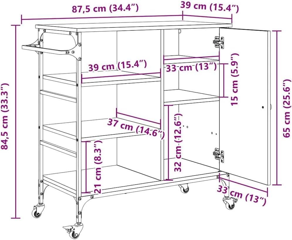 vidaXL Küchentrolley Schwarz Eichen-Optik 87,5 x 39 x 84,5 cm, Moderner rechteckiger Küchentrolley,