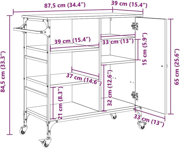 vidaXL Küchentrolley Schwarz Eichen-Optik 87,5 x 39 x 84,5 cm, Moderner rechteckiger Küchentrolley,