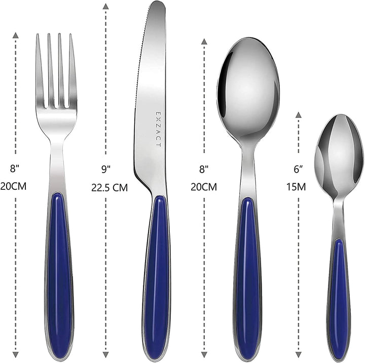 EXZACT Rostfrei Stahl Besteck Set einem Plastikhalter 16 PCS - Farbige Griffe - 4 Gabeln, 4 Messer,