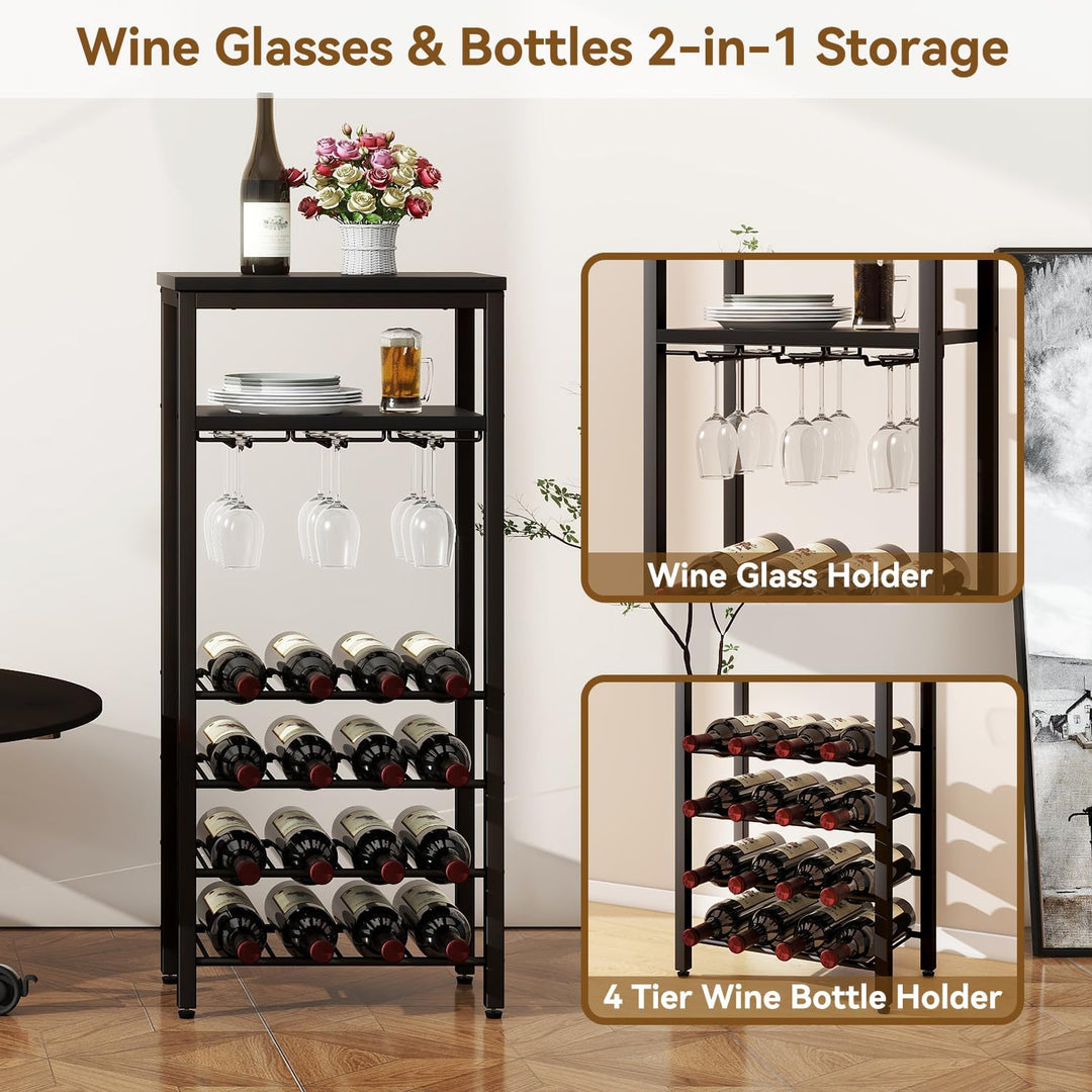 IBUYKE Weinregal für 16 Flaschen,Freistehendes Weinregal Metall mit Glashalter,Weinschrank Display,M