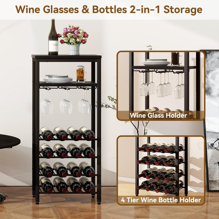 IBUYKE Weinregal für 16 Flaschen,Freistehendes Weinregal Metall mit Glashalter,Weinschrank Display,M
