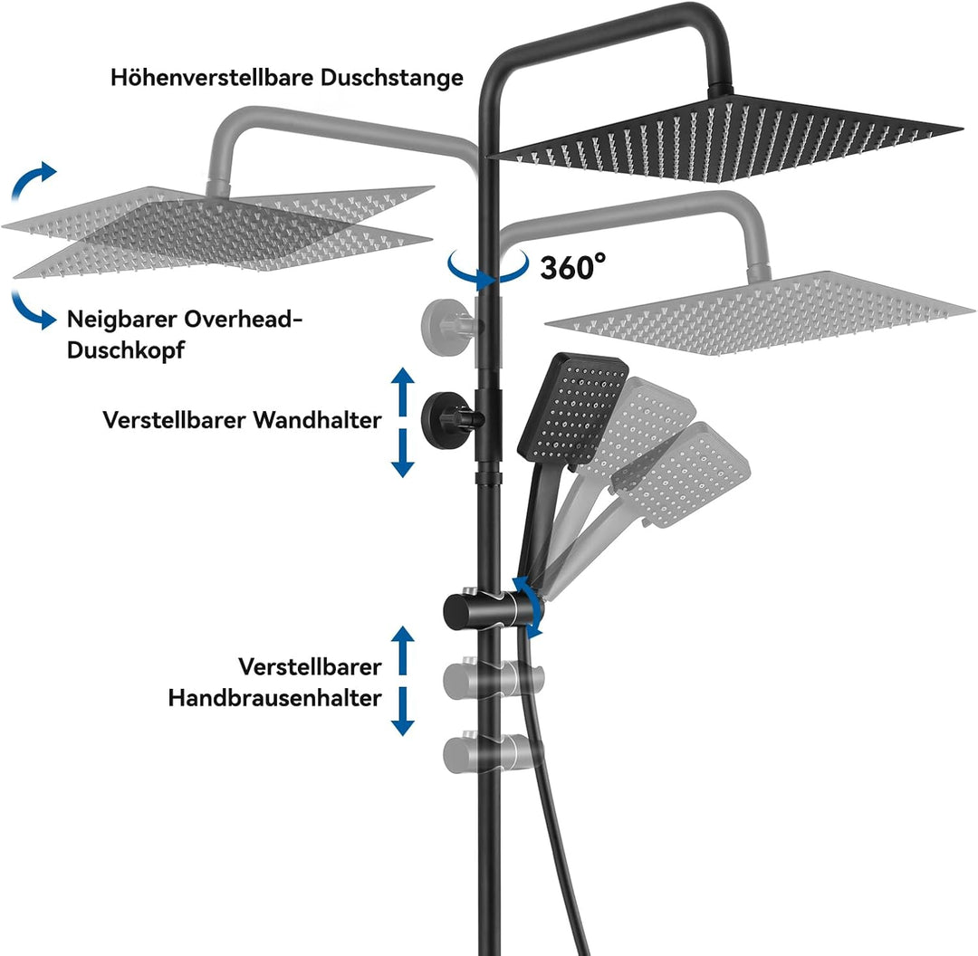 Auralum Thermostat Duschsystem Komplettset Schwarz mit 30cm Edelstahl Regendusche, 6 Strahlarten Han