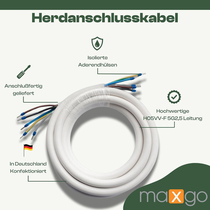 maxgo Herdanschlusskabel 8,5m H05VV-F 5x2,5 Kabel Herd Anschlusskabel Anschluss-Set für Backöfen &amp; H
