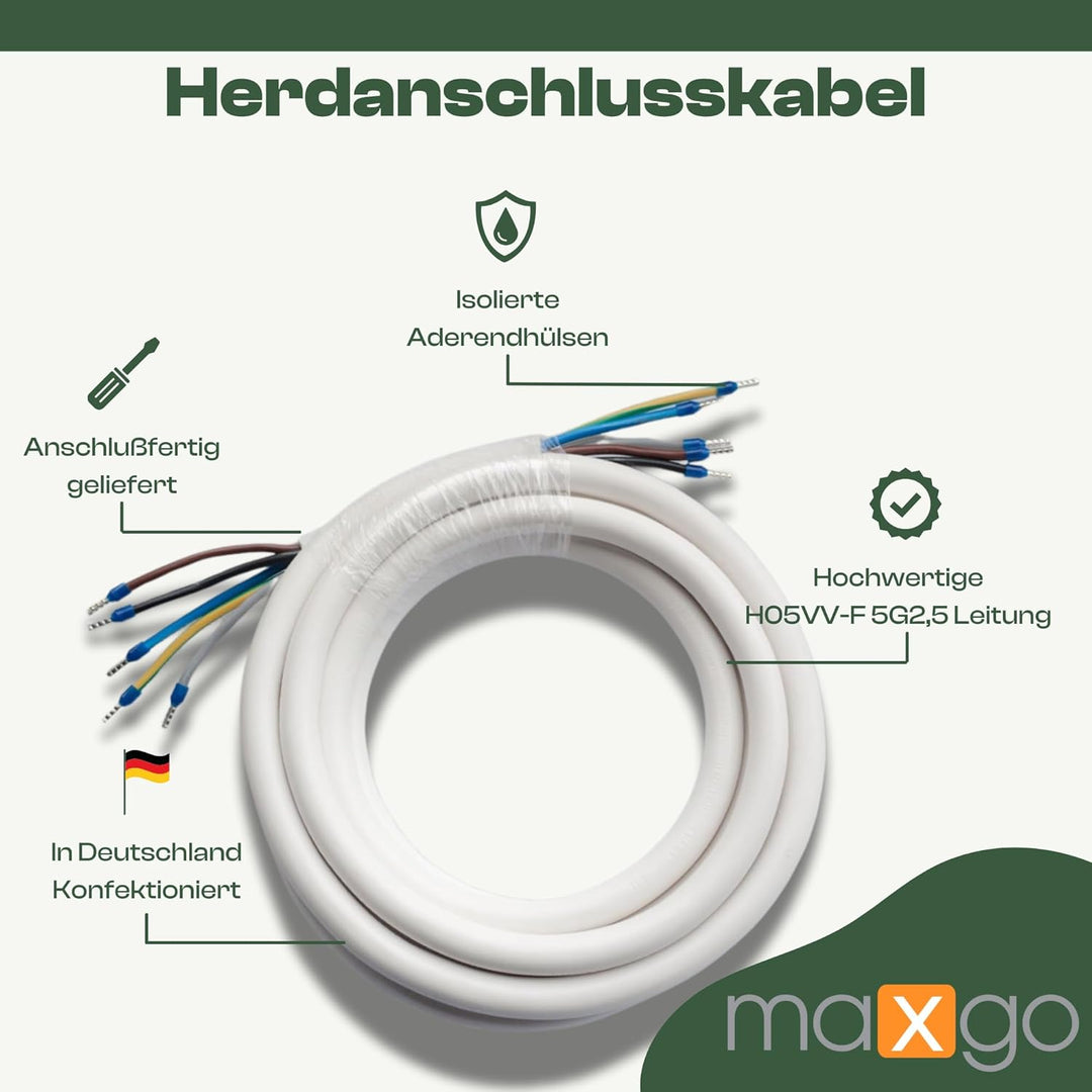 maxgo Herdanschlusskabel 35m H05VV-F 5x2,5 Kabel Herd Anschlusskabel Anschluss-Set für Backöfen &amp; He