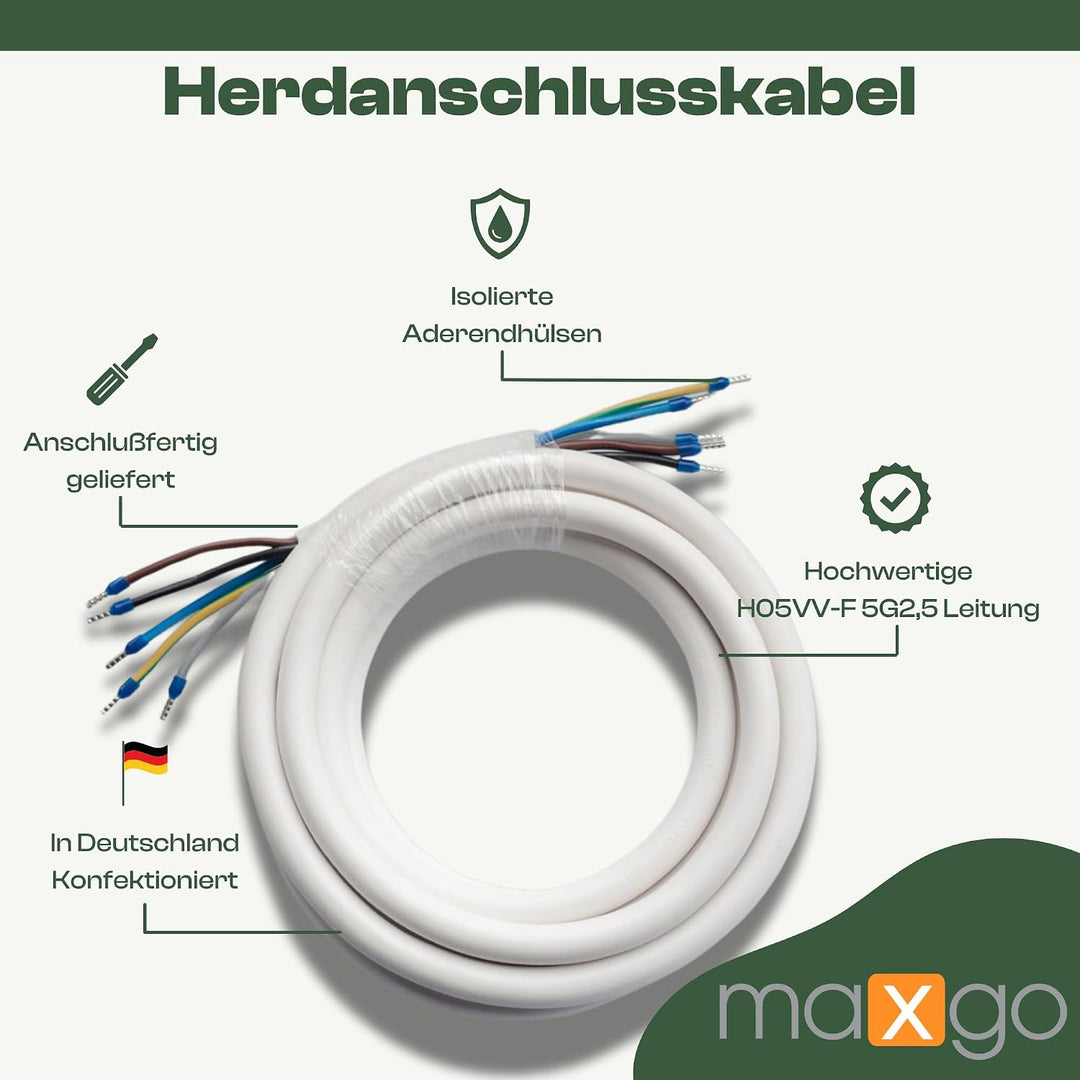 maxgo Herdanschlusskabel 4,5m H05VV-F 5x2,5 Kabel Herd Anschlusskabel Anschluss-Set für Backöfen &amp; H