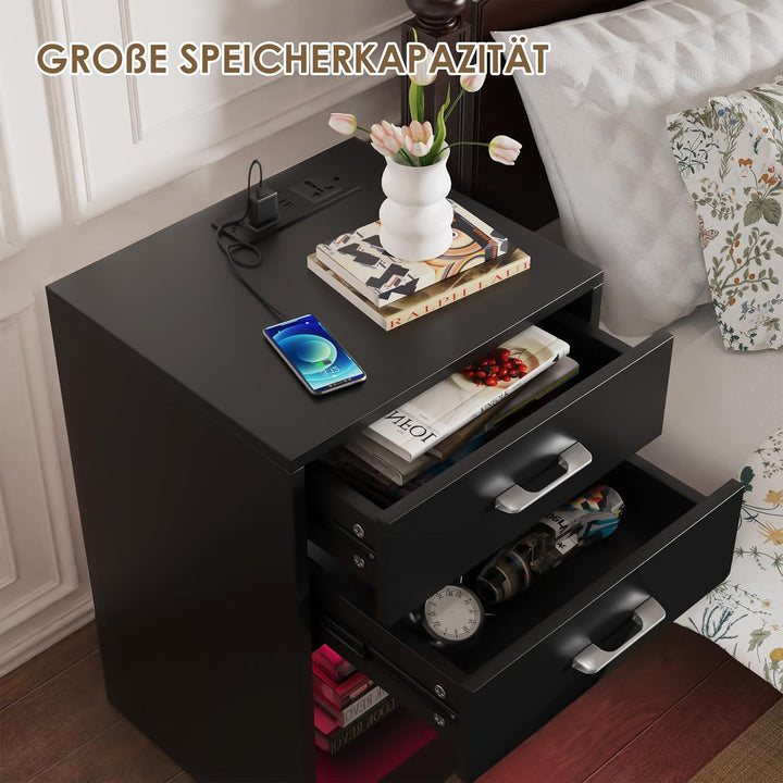 PIPIPOXER Nachttisch 2er Set mit Steckdose & USB, Beistelltisch in Schwarz mit grossen Stauraum, Nac