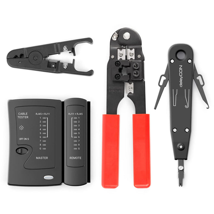 deleyCON Netzwerk Werkzeug Set 4-teilig mit Tasche LSA Auflegewerkzeug Abisolierzange Kabeltester Cr