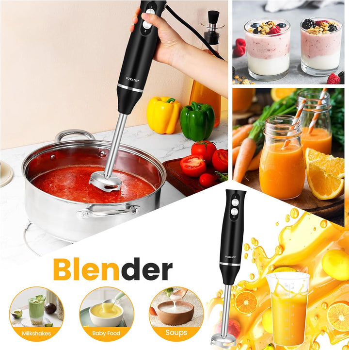 4-in-1 Stabmixer Edelstahl 500W, Pürierstab mit 2 Geschwindigkeiten, Hand Blender Set mit Schneebese