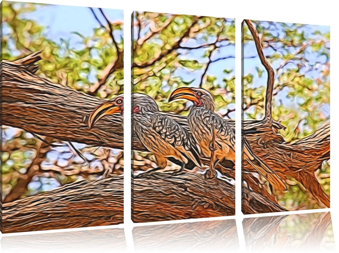 zwei exotische Vögel auf einem Baum NewArt 3-Teiler Leinwandbild 120x80 Bild auf Leinwand, XXL riesi