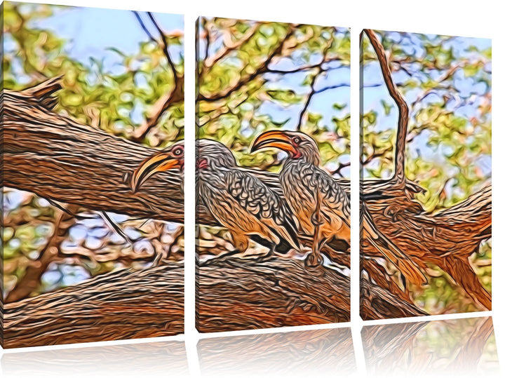 zwei exotische Vögel auf einem Baum NewArt 3-Teiler Leinwandbild 120x80 Bild auf Leinwand, XXL riesi