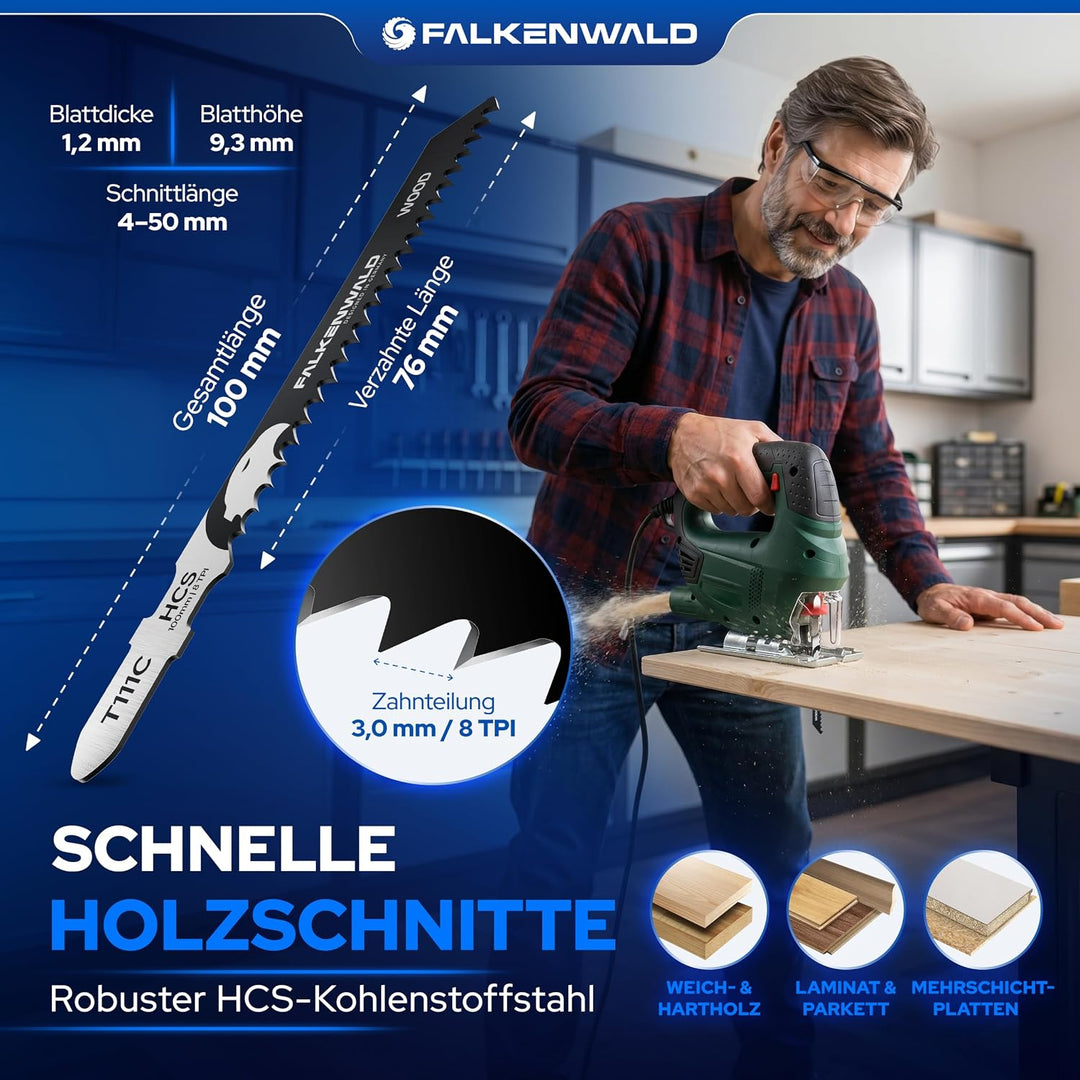 FALKENWALD® Stichsägeblätter Set 30tlg 20x Holz + 10x Metall - T-Schaft HCS & HSS - Für Weichholz, H