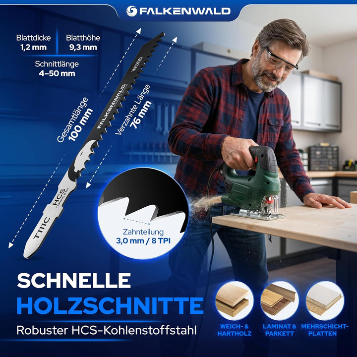 FALKENWALD® Stichsägeblätter Set 30tlg 20x Holz + 10x Metall - T-Schaft HCS & HSS - Für Weichholz, H