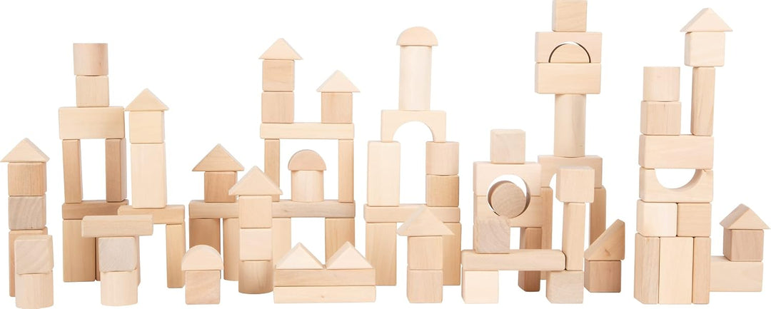 small foot Naturbausteine aus Holz, 100 Bausteine in verschiedenen Formen, mit Leinenbeutel, ab 12 M