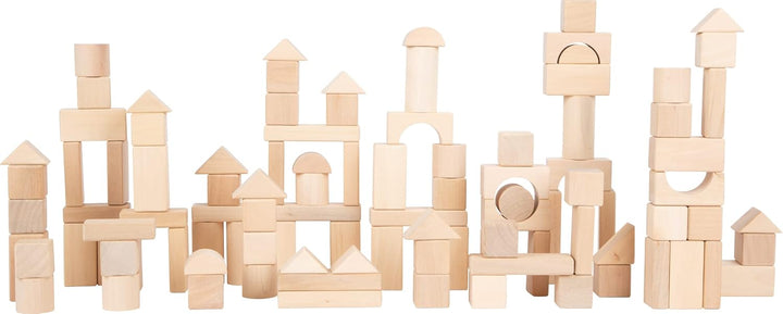 small foot Naturbausteine aus Holz, 100 Bausteine in verschiedenen Formen, mit Leinenbeutel, ab 12 M