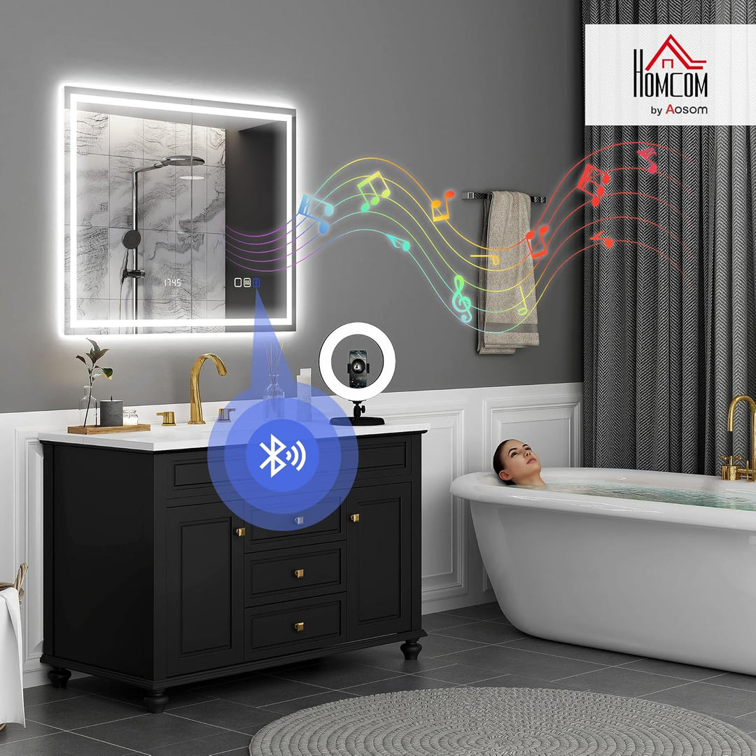 HOMCOM Badspiegel mit Beleuchtung 100x80 cm LED Spiegel Wandspiegel mit Bluetooth-Musikfunktion Memo
