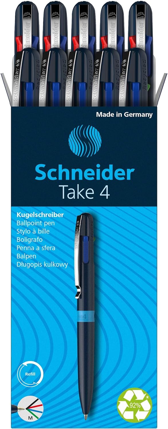 Schneider 138003 Take 4 Kugelschreiber mehrfarbig (4 Farben, Minen wechselbar, recycelter Kunststoff