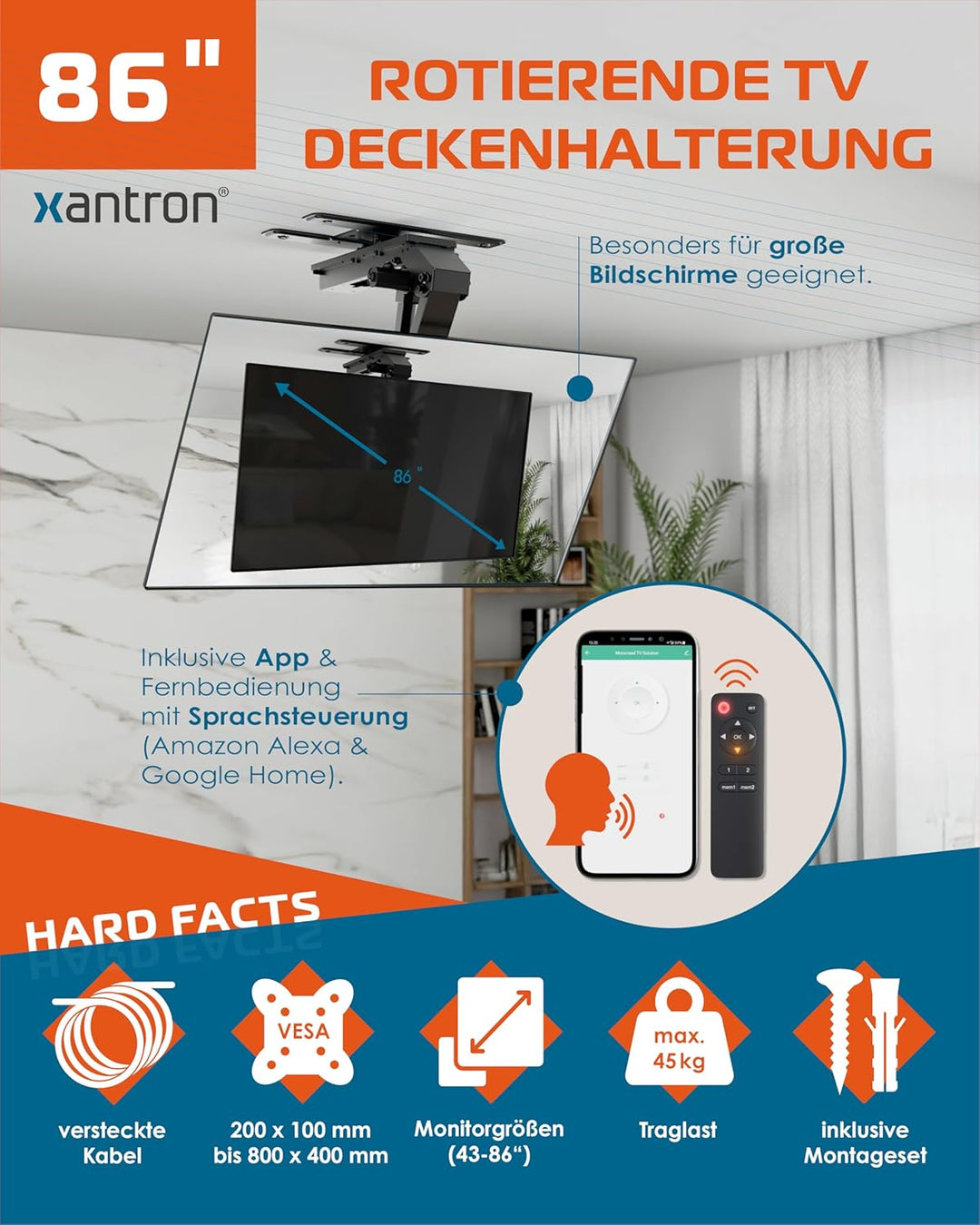 Xantron DEHA-800EXL-Roto TV Deckenhalterung elektrisch, klappbar & schwenkbar/Fernseher Deckenhalter