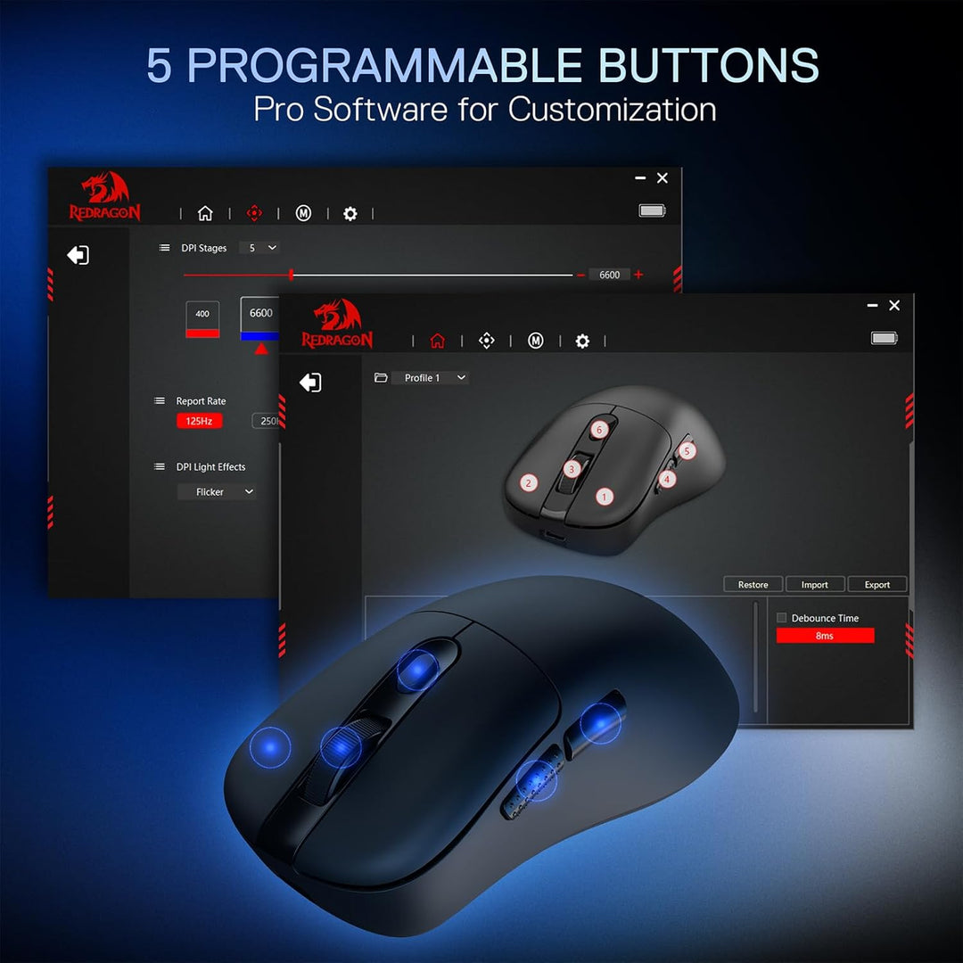 Redragon M998 - Leichte Wireless Gaming Maus mit RGB Magnet-Lade Dock, BT/2.4G Wireless/Kabelgebunde