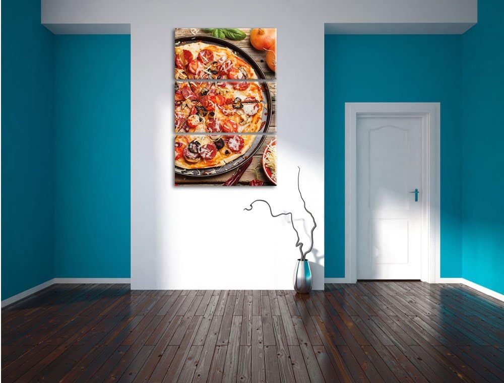 Pixxprint Leckere Pizza auf Holztisch / 3-Teilig/Gesamtmass 120cm Leinwandbild bespannt auf Holzrahm