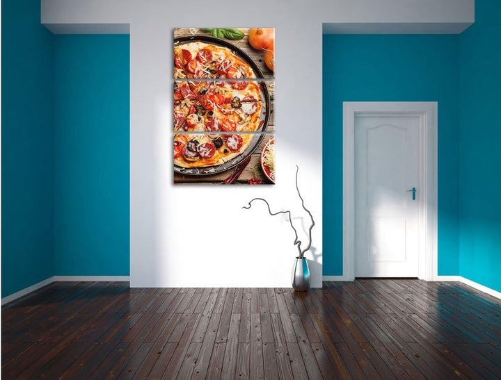 Pixxprint Leckere Pizza auf Holztisch / 3-Teilig/Gesamtmass 120cm Leinwandbild bespannt auf Holzrahm