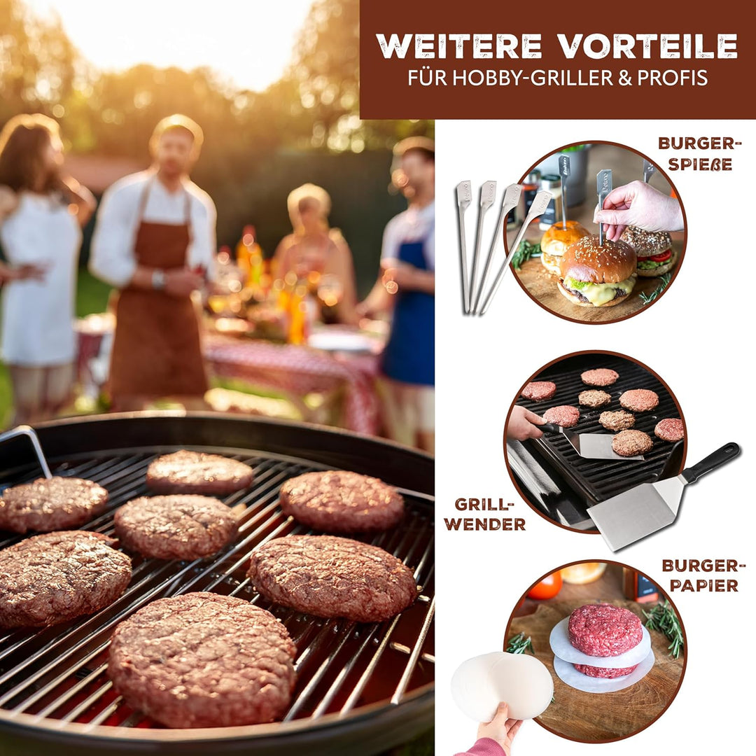 eluno Burger-Set 6tlg. inklusive Burgerpresse mit Burgerpapier, Grillwender, Zwei Burgerhauben und V