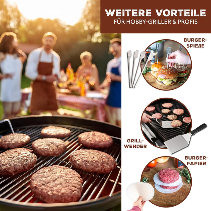 eluno Burger-Set 6tlg. inklusive Burgerpresse mit Burgerpapier, Grillwender, Zwei Burgerhauben und V