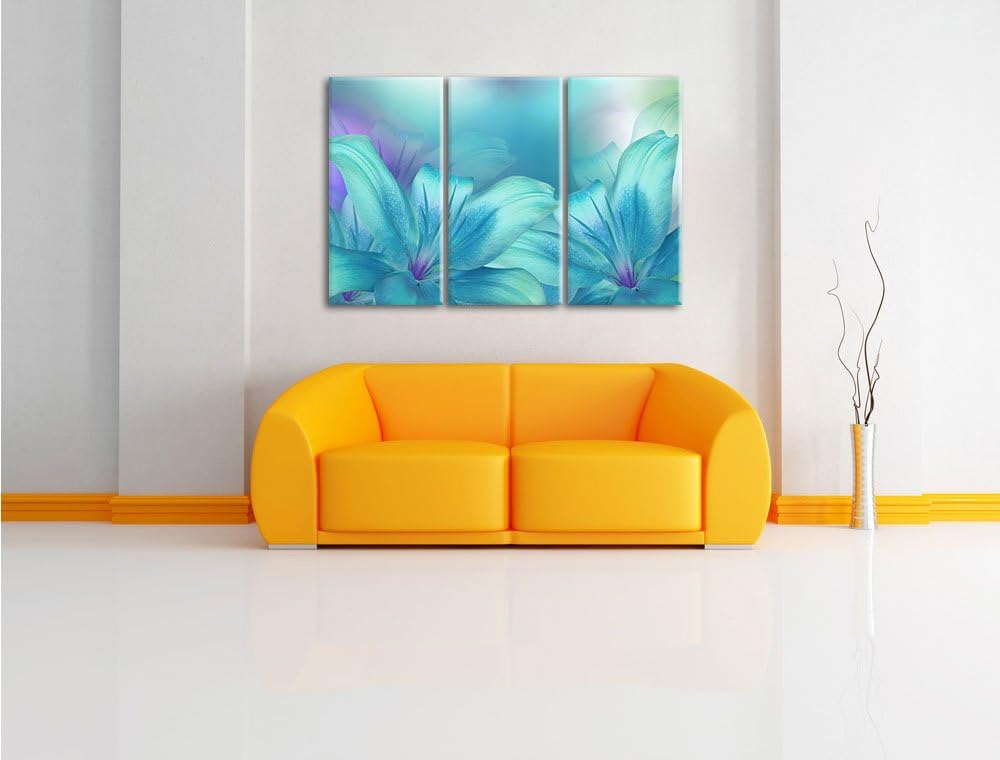 Pixxprint türkise Lilien als Leinwandbild | Grösse: 3 Teilig (120x80) | Wandbild| Kunstdruck | ferti