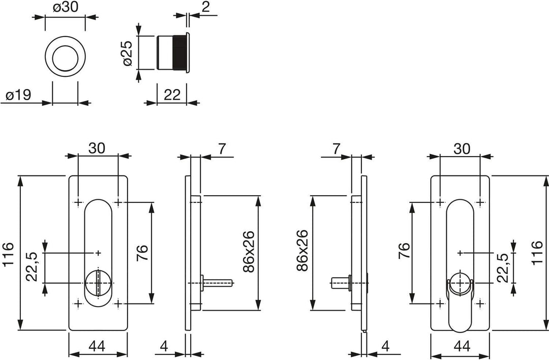 HOPPE Schiebetürmuschel Set M464 - ohne Schloss, eckige Rosette WC, verchromt matt | Muschelgriffe s