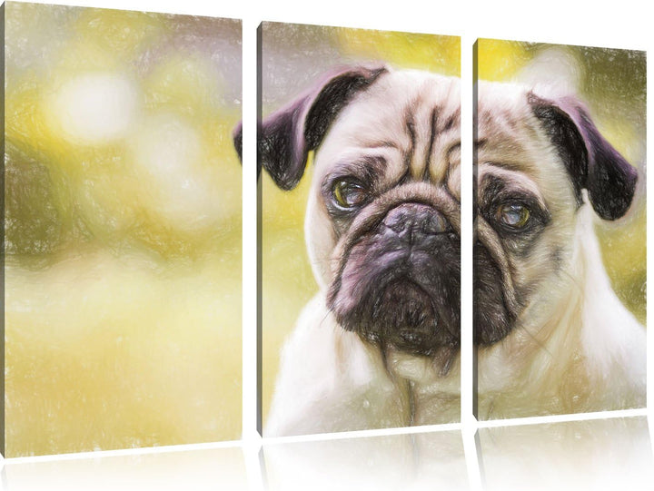 Pixxprint Mopsporträt Kunst Buntstift Effekt als Leinwandbild/Grösse: 3 Teilig (120x80) / Wandbild/K