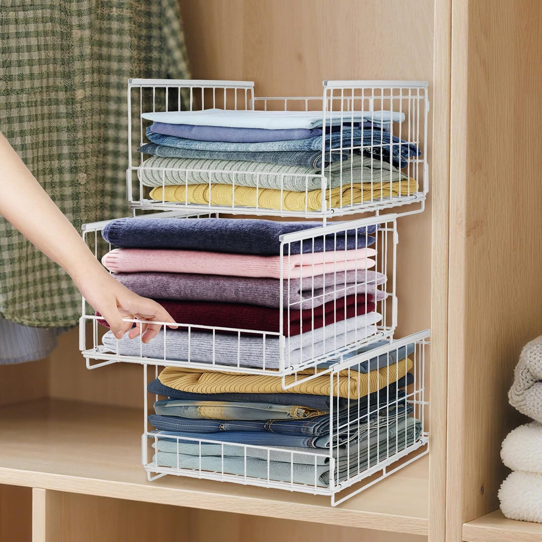 3 Stück Schrank Organizer Kleiderschrank, Stapelbare Aufbewahrungsbox mit Schubladen-Design, Metalli