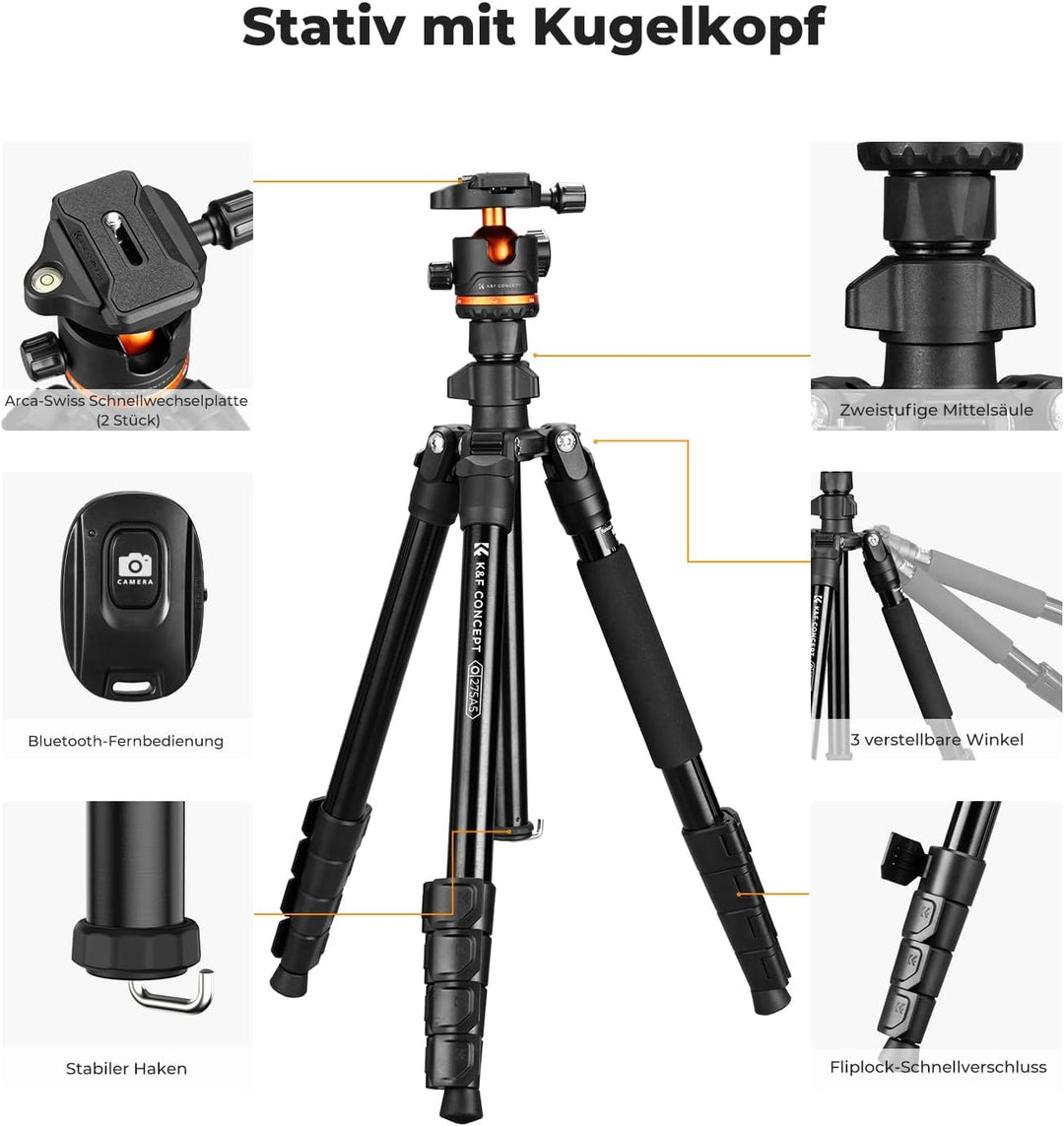 K&F Concept Kamera Stativ,192cm Stativ für Smartphone,Stativ Kamera Tripod O275A5+BH-36,Handy Stativ