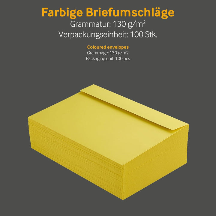 100 Stück, Farbige Briefumschläge, DIN C5, Haftklebung mit Abziehstreifen, Gerade Klappe, 130 g/qm C