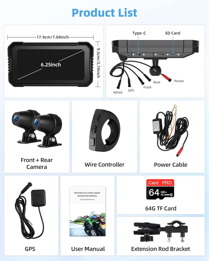 4K Motorrad CarPlay Android Auto mit Dashcam Vorne Hinten, 6,25 Zoll Carplay Bildschirm GPS Dashcam