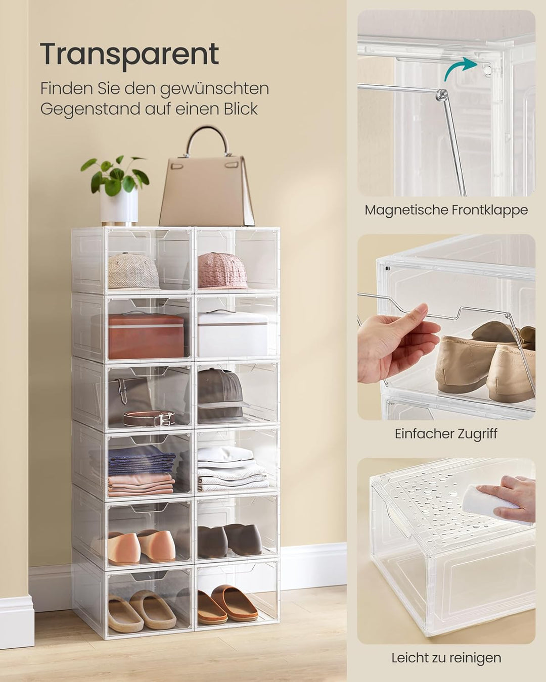SONGMICS Schuhboxen, Schuh-Organizer aus Kunststoff, mit Tür, durchsichtig, Kunststoffboxen, 12er Se