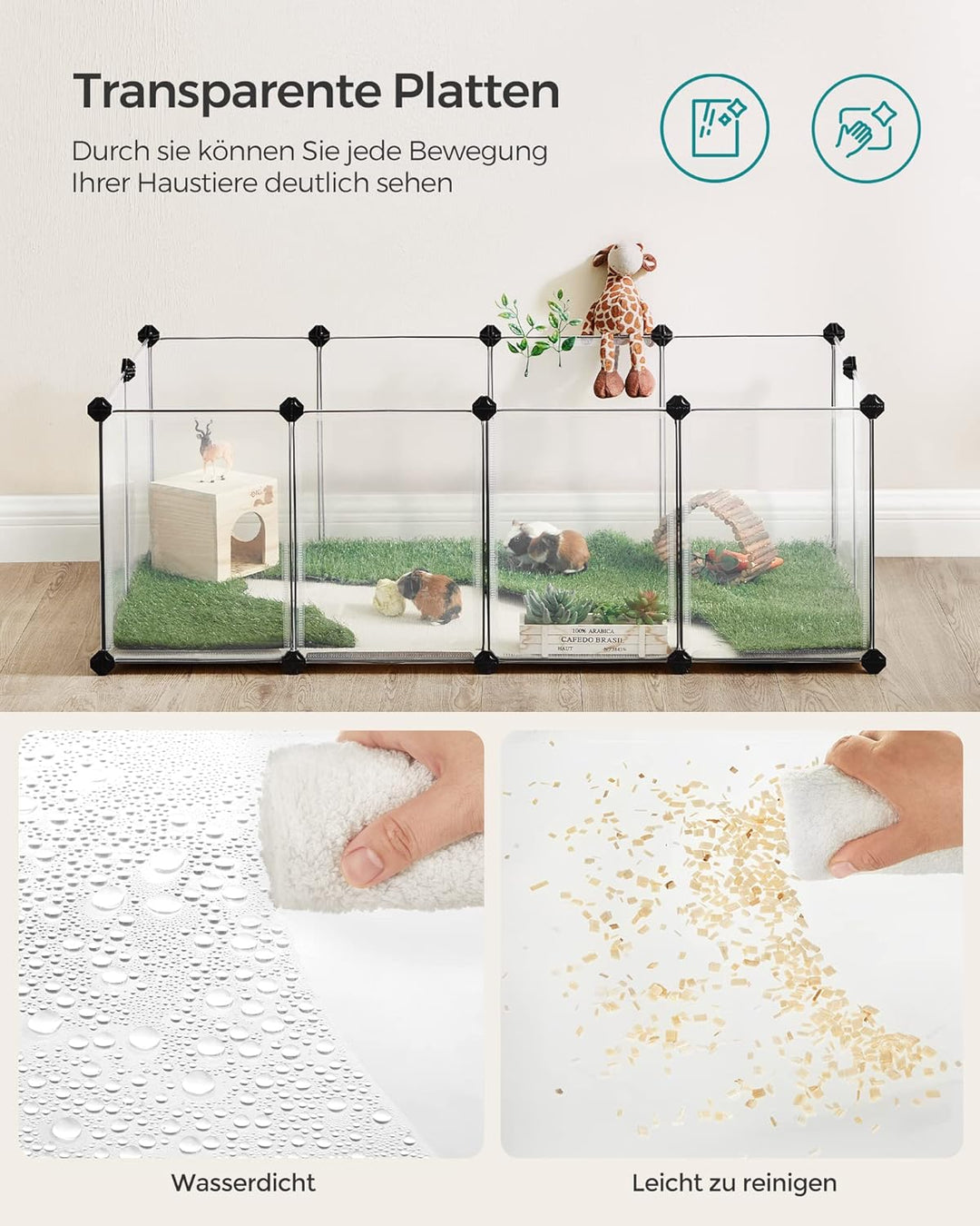SONGMICS Freigehege mit Bodenplatten, Laufstall, Meerschweinchen Gehege, aus Kunststoff, Gehege für