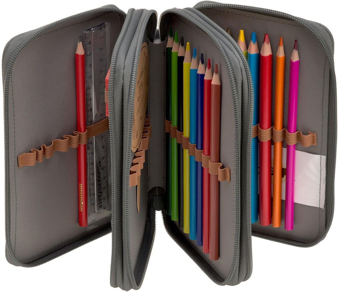 LÄSSIG Federmäppchen befüllt 20-teilig / School Triple Pencil Case Unique Speckles Anthracite Grau,