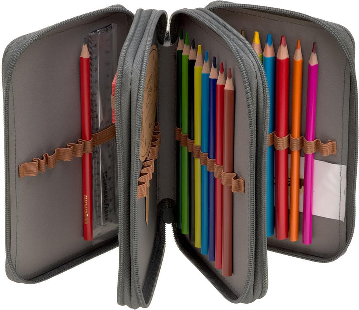 LÄSSIG Federmäppchen befüllt 20-teilig / School Triple Pencil Case Unique Speckles Anthracite Grau,