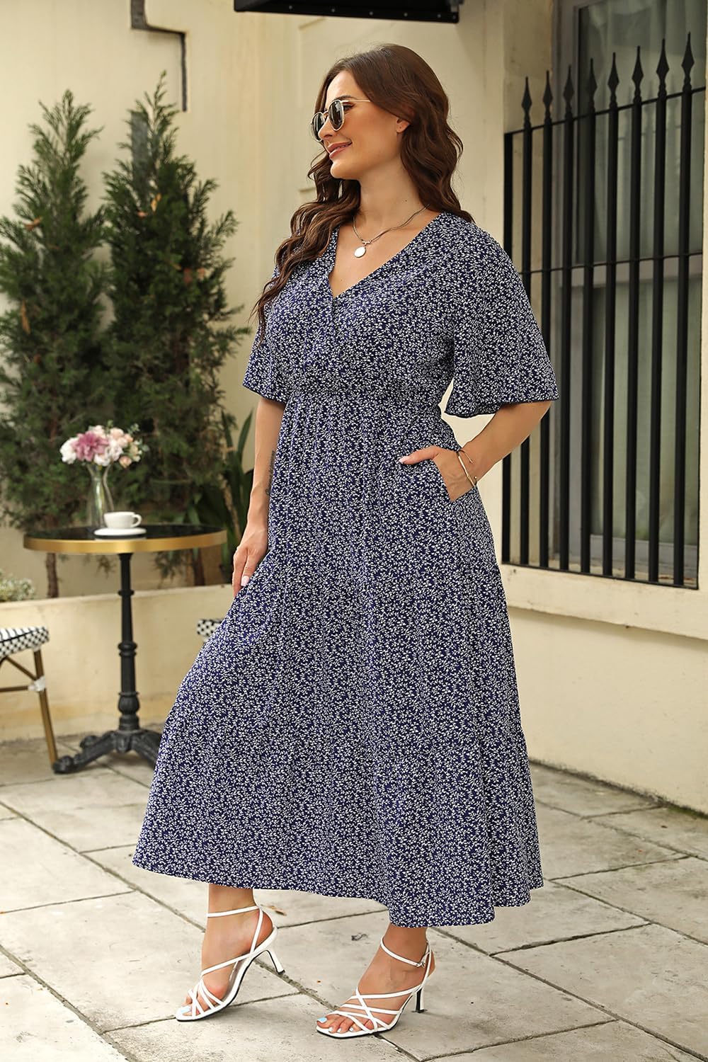 Keluummi Damen-Sommerkleid in Übergrösse, lässig, Boho-Stil, Blumenmuster, gestuft, Midi-Kleid mit T