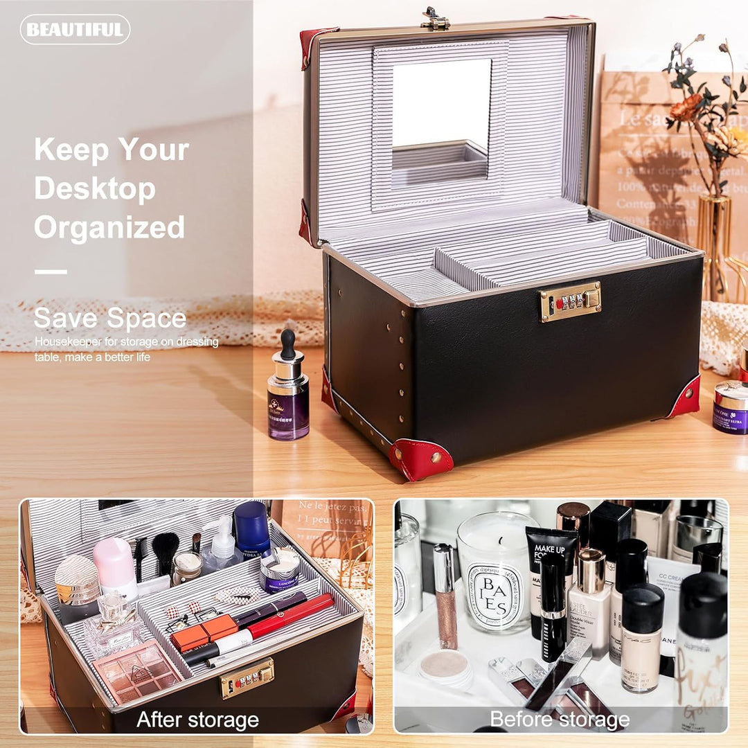 urecity Kosmetikkoffer mit Spiegel Beauty Case Hartschale Vintage Schminkkoffer Leder Kosmetikkoffer