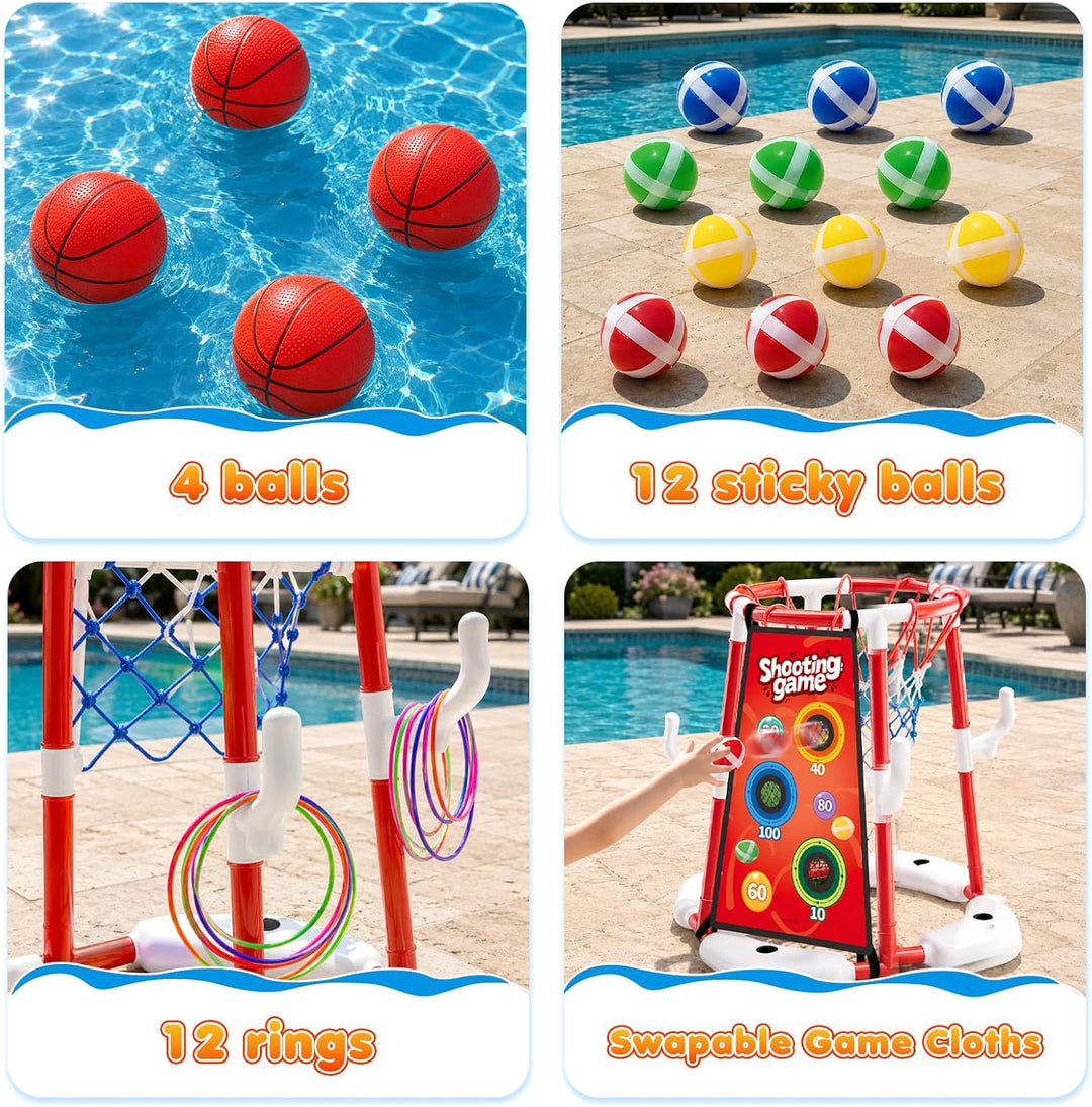 3-In-1 Pool Basketballkorb Outdoor, Schwimmender Basketballkorb, Pool Spielzeug Mit 4 Basketbälle,12