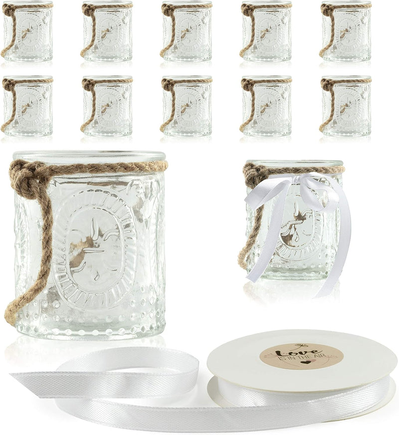 WeddingTree 12 x Windlicht Glas mit Bügel und Dekoband weiss - Teelichtgläser - Einfach Abnehmbarer