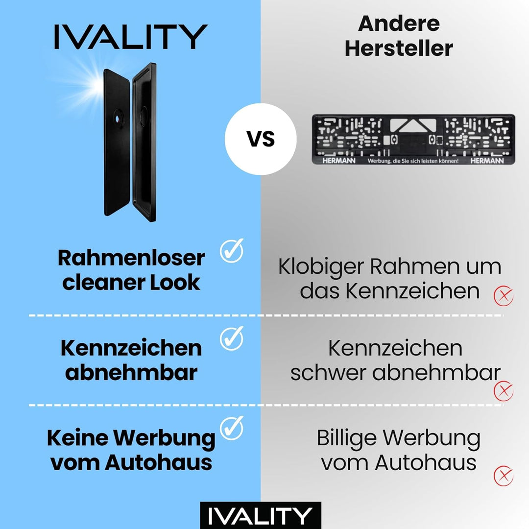 IVALITY Magnetischer Kennzeichen-Halter - Rahmenlose Nummernschild-Halterung für 2X Alu-Kennzeichen