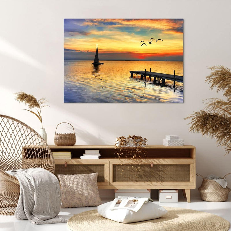 Bilder auf Leinwand 100x70cm Leinwandbild Strand landschaft wasser brücke Gross Wanddeko Bild Schlaf